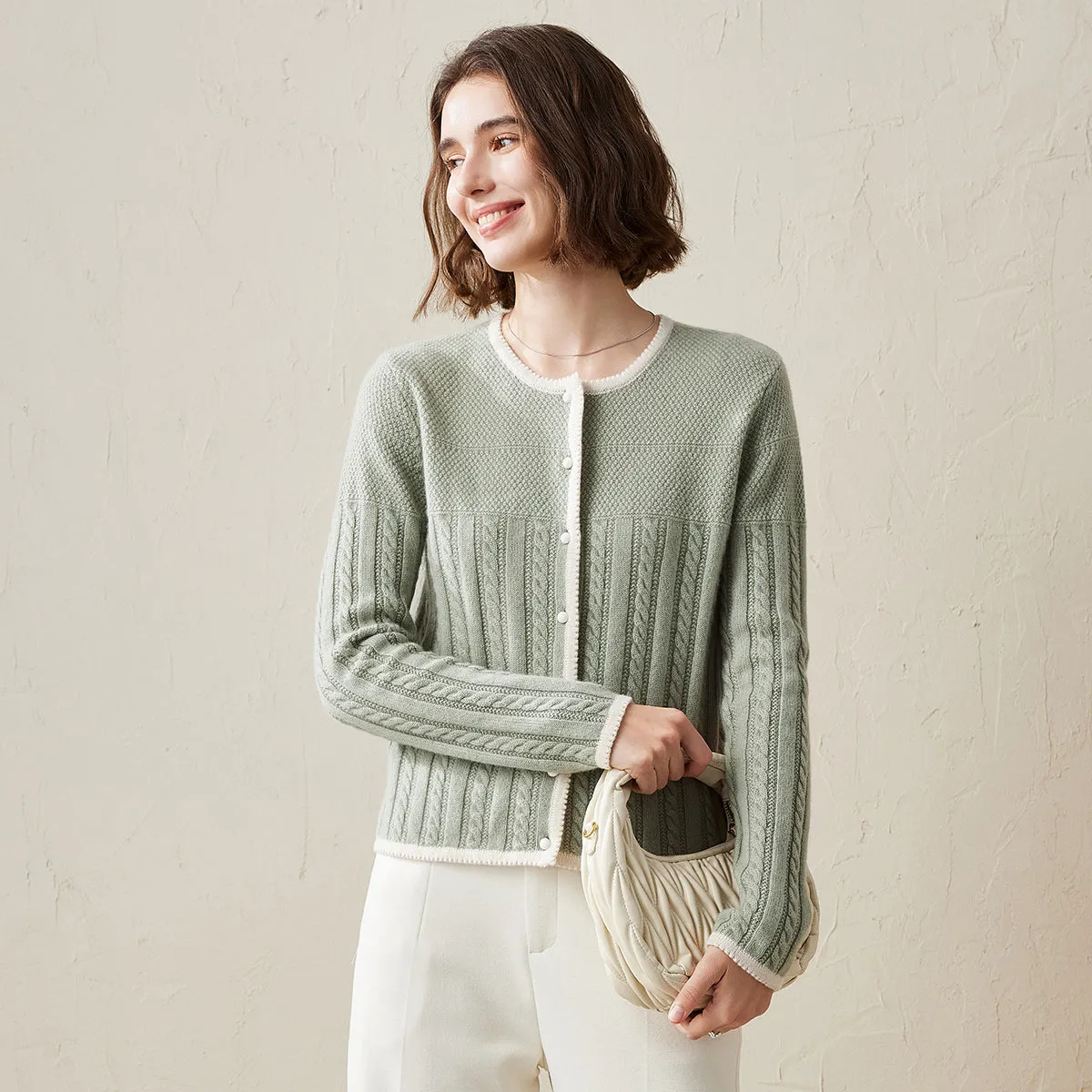 100% Cashmere Cable Knit Cardigan with Contrasting Trim