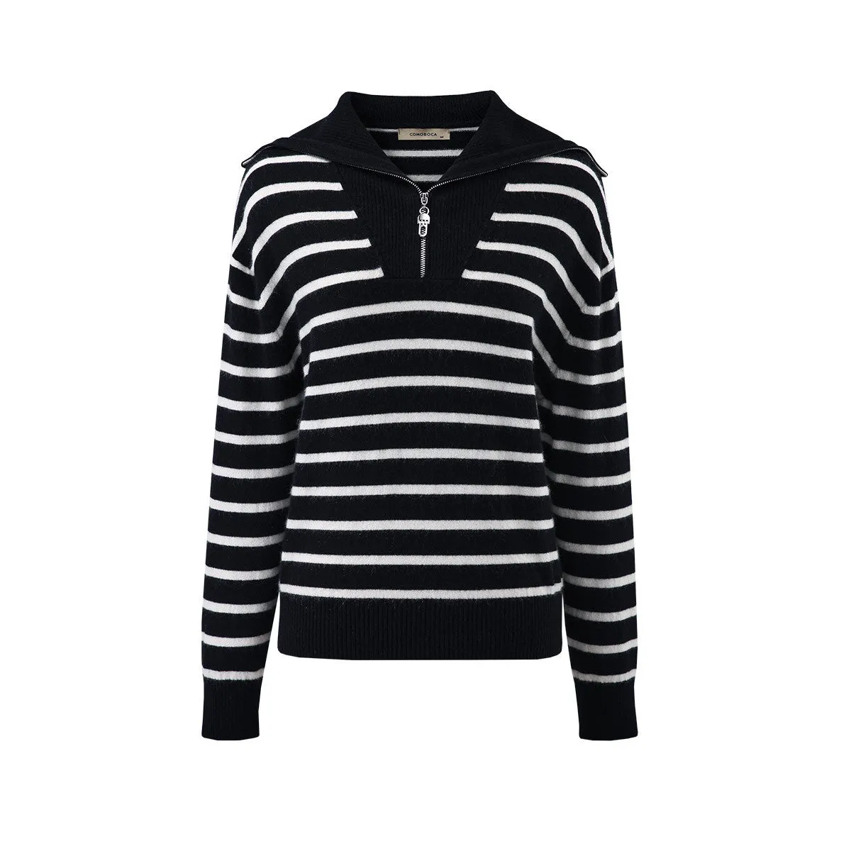 100% Cashmere Striped Zip Collar Knitted Sweater