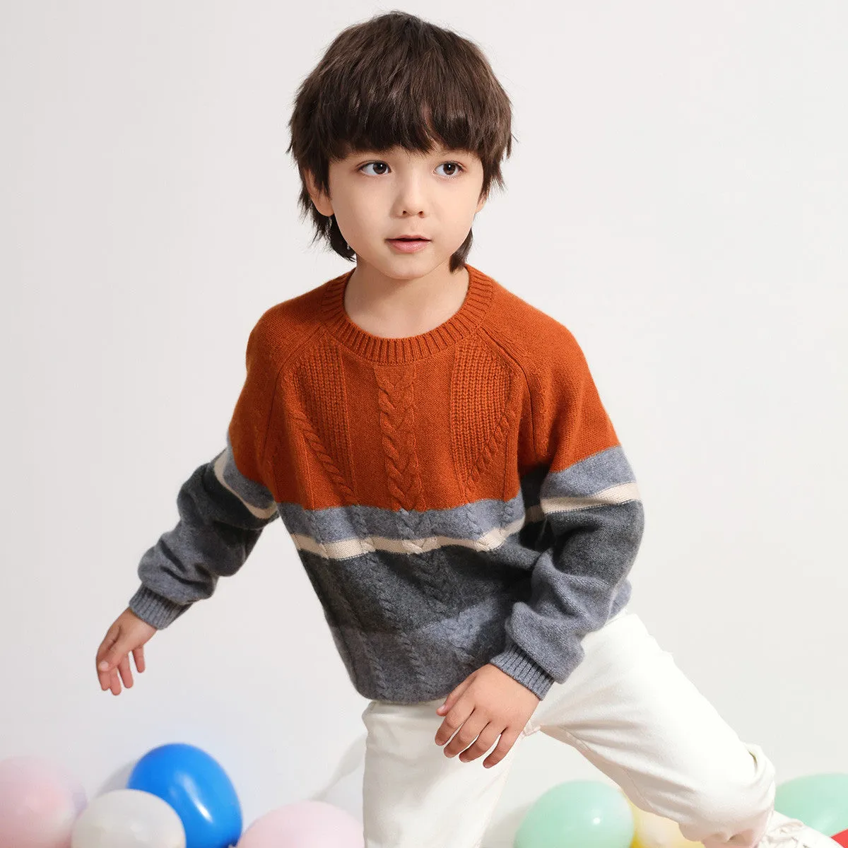 100% Wool Kids Round Neck Striped Sweater