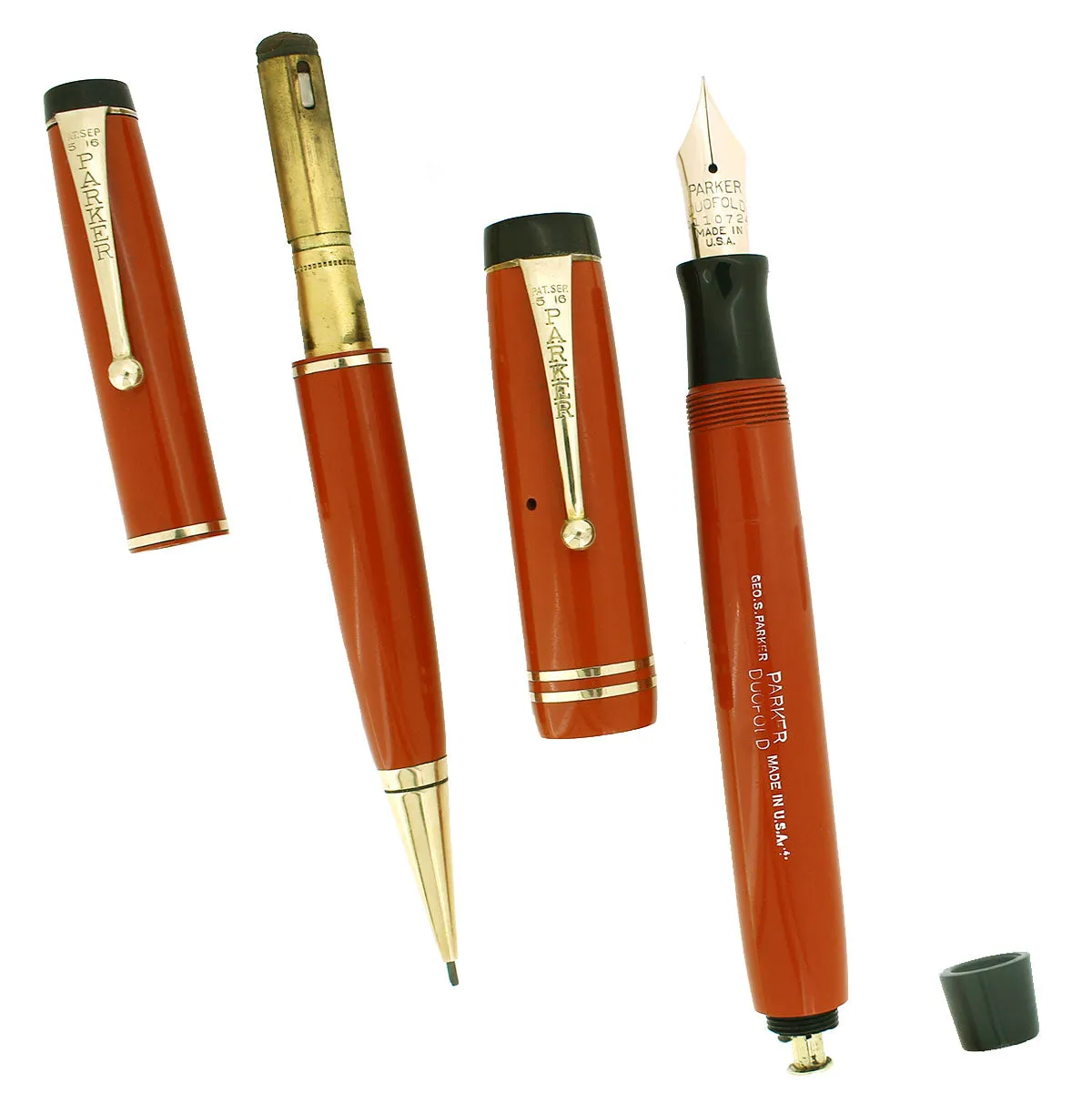 1934 PARKER ORANGE DUOFOLD SENIOR STREAMLINE FOUNTAIN PEN & PENCIL SET RESTORED