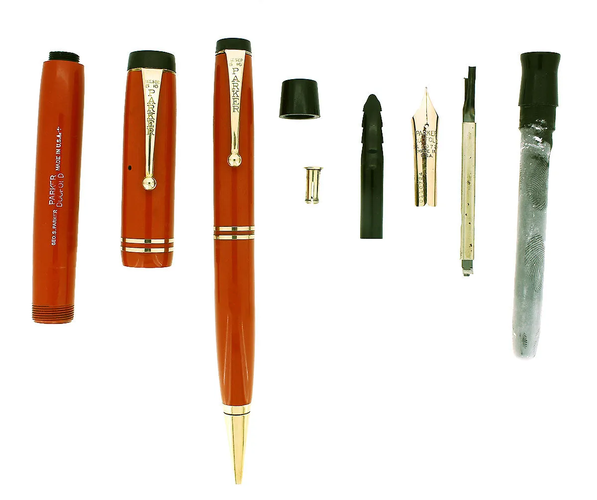 1934 PARKER ORANGE DUOFOLD SENIOR STREAMLINE FOUNTAIN PEN & PENCIL SET RESTORED