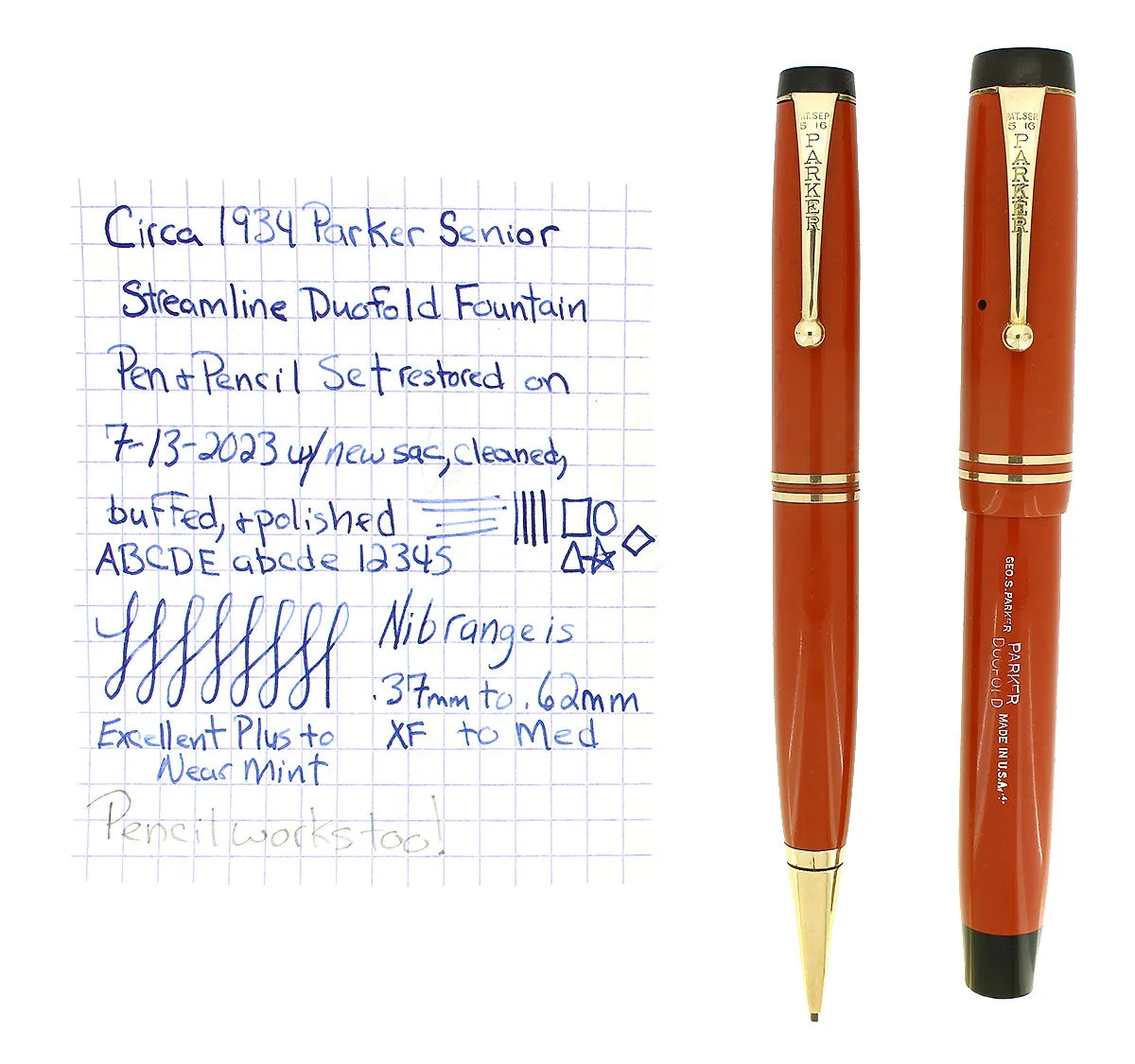 1934 PARKER ORANGE DUOFOLD SENIOR STREAMLINE FOUNTAIN PEN & PENCIL SET RESTORED