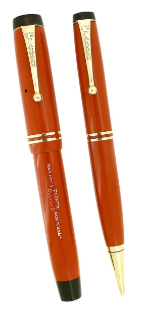 1934 PARKER ORANGE DUOFOLD SENIOR STREAMLINE FOUNTAIN PEN & PENCIL SET RESTORED