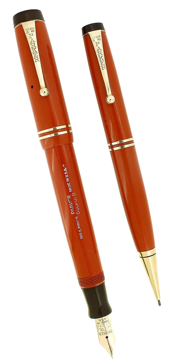 1934 PARKER ORANGE DUOFOLD SENIOR STREAMLINE FOUNTAIN PEN & PENCIL SET RESTORED