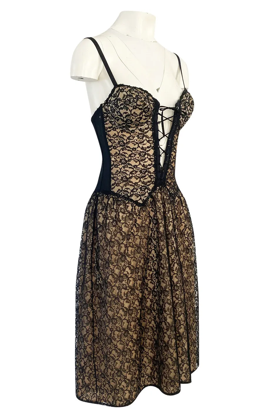 1950s Black Lace Over Nude Stretch Jersey Front Lace Lingerie Under Dress Slip