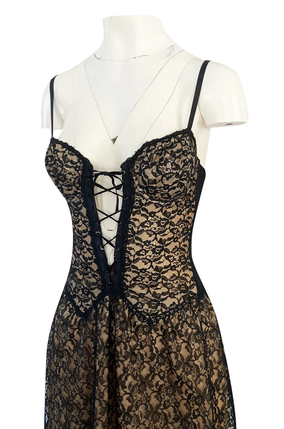 1950s Black Lace Over Nude Stretch Jersey Front Lace Lingerie Under Dress Slip