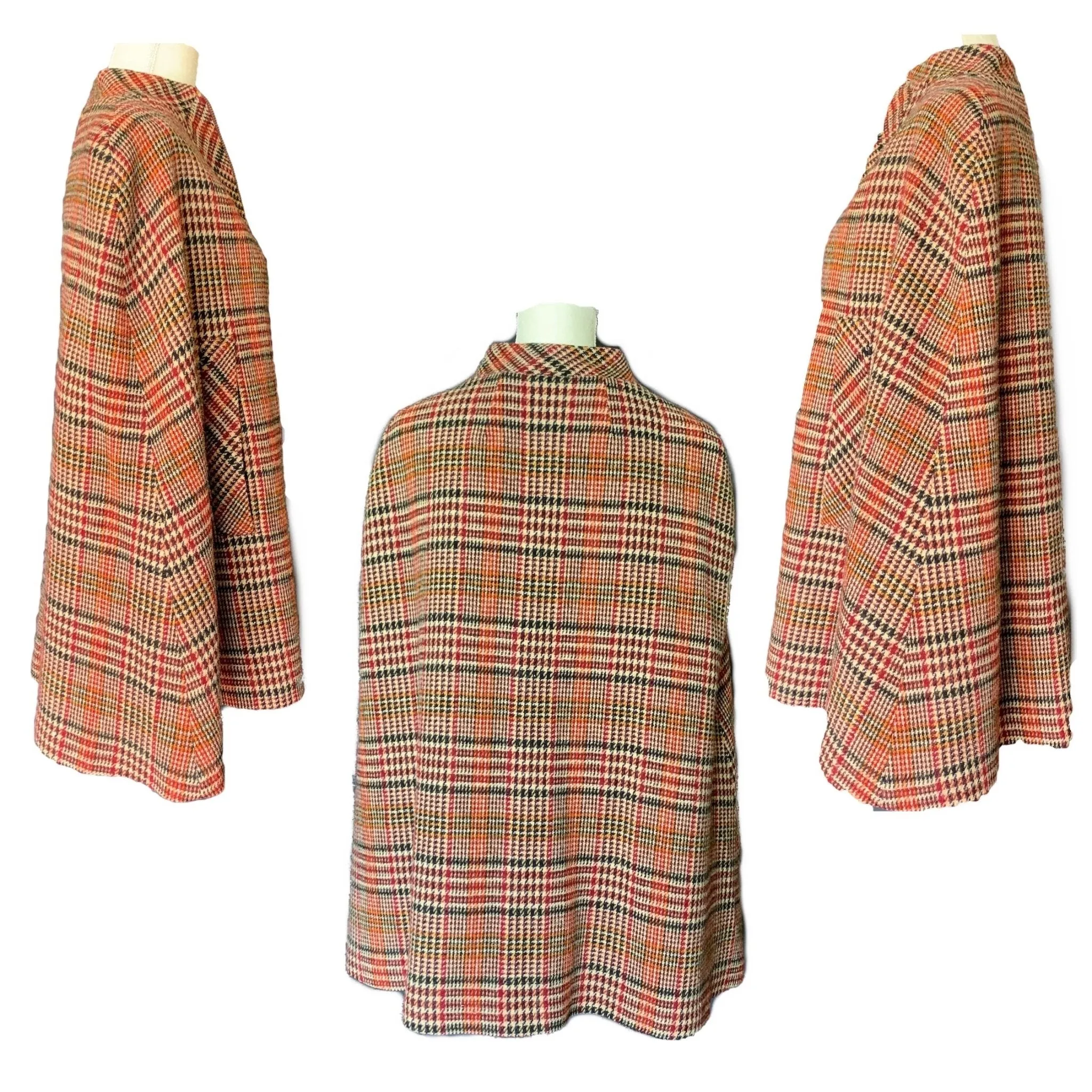 1960s Wool Houndstooth Plaid Cape and Skirt Suit Set from Kingsley. Equestrian Chic.