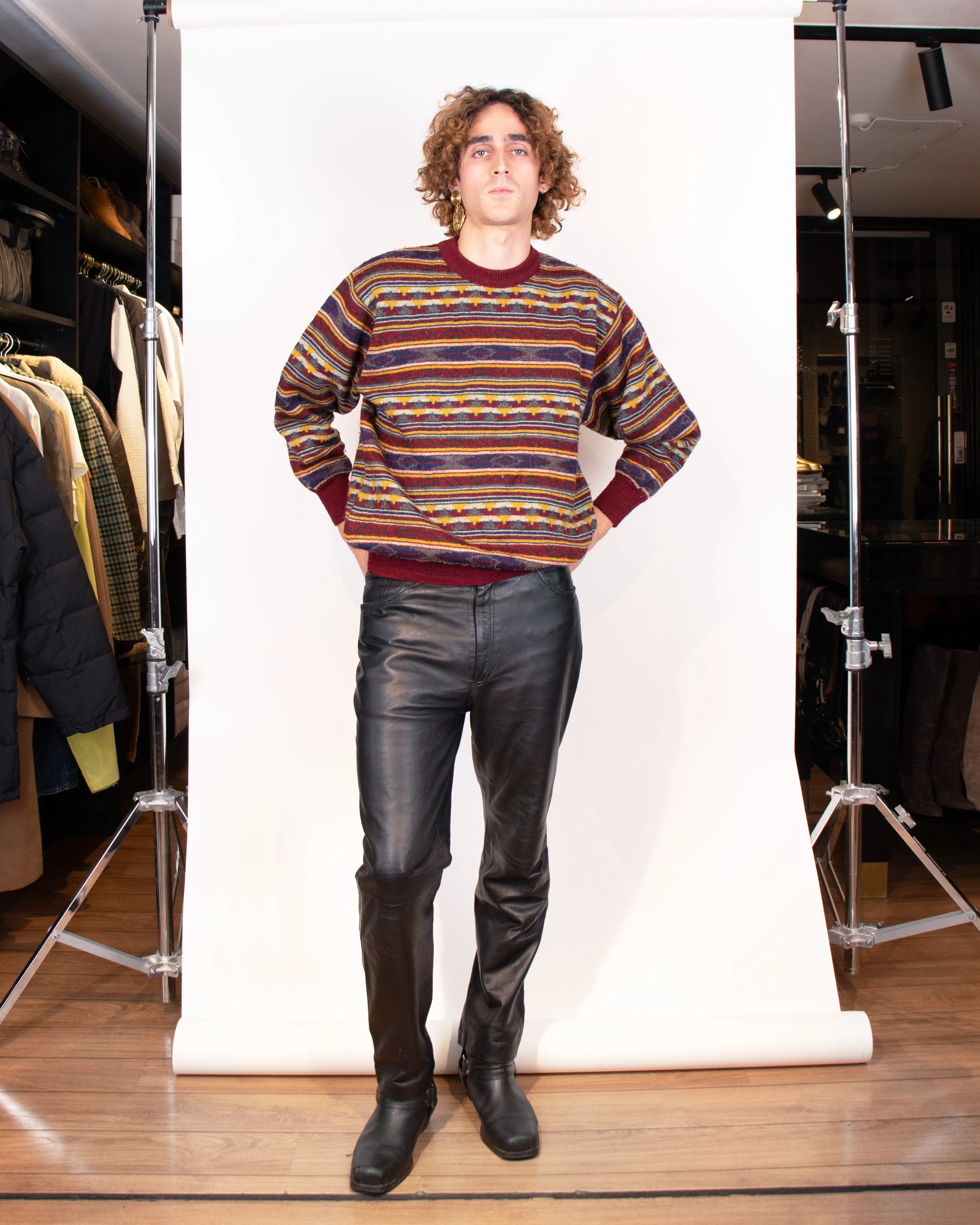 1990s Example by Missoni Burgundy and Yellow Sweater M