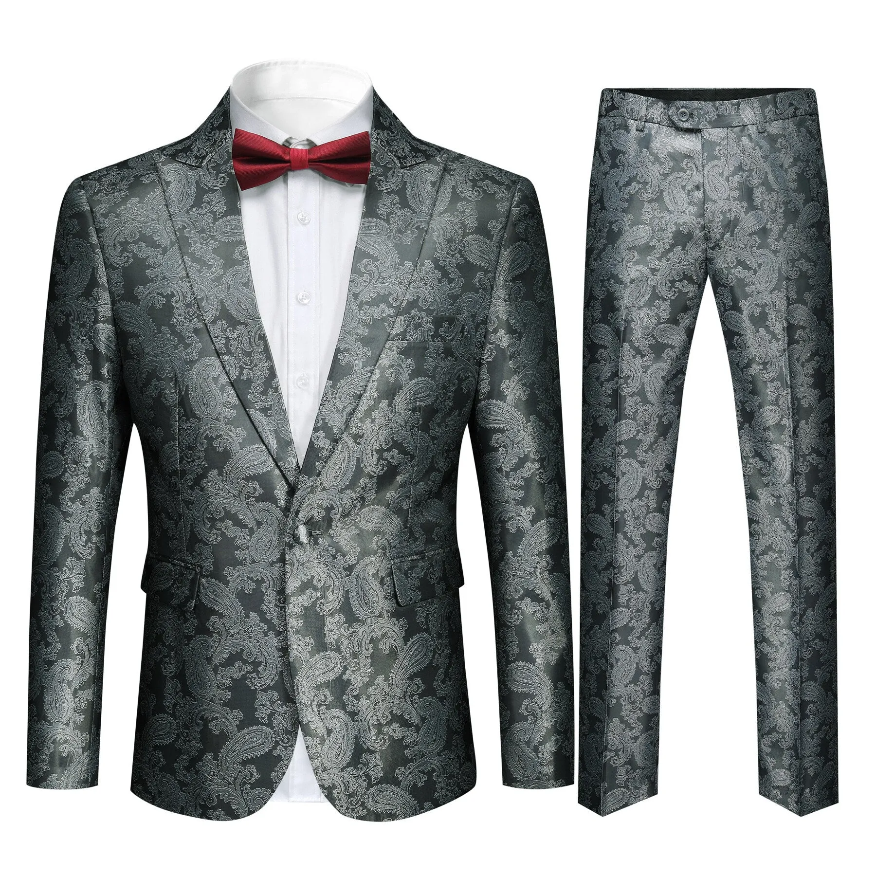 2-Piece Slim Fit Paisley Fashion Suit Grey