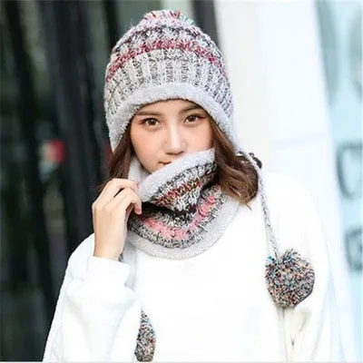 2 Pieces Big Pom Pom Ball Casual Warm Knitted Winter Beanie & Scarf