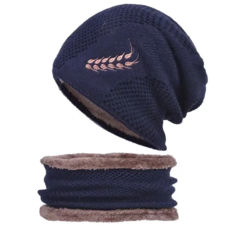 2Pcs Embroidered Wheat Beanie Hat Neck Warmer Set