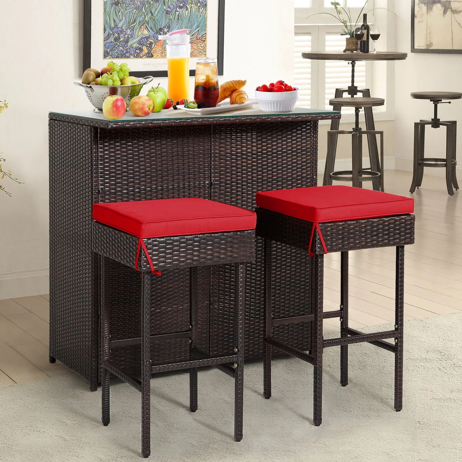 3-Piece Outdoor PE Rattan Bar Set with Cushions-Red