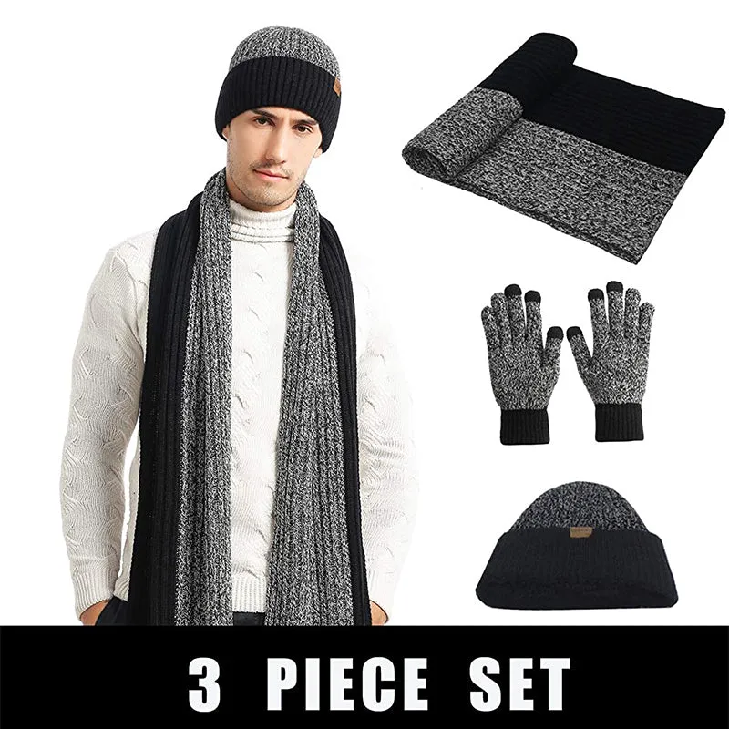 3PCS Winter Thermal Beanie Hat Scarf Touch Screen Gloves Set