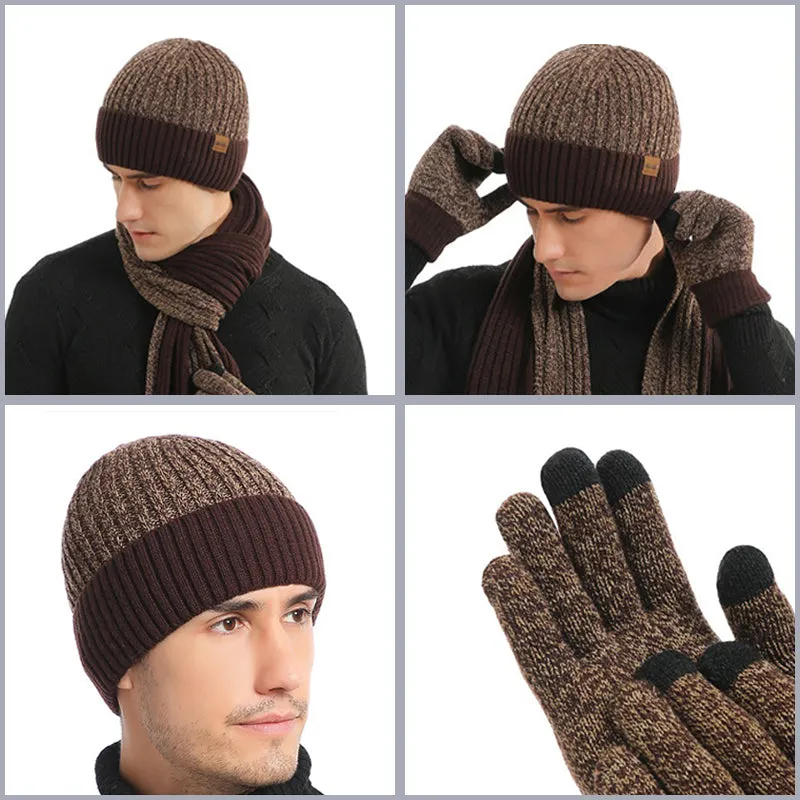 3PCS Winter Thermal Beanie Hat Scarf Touch Screen Gloves Set