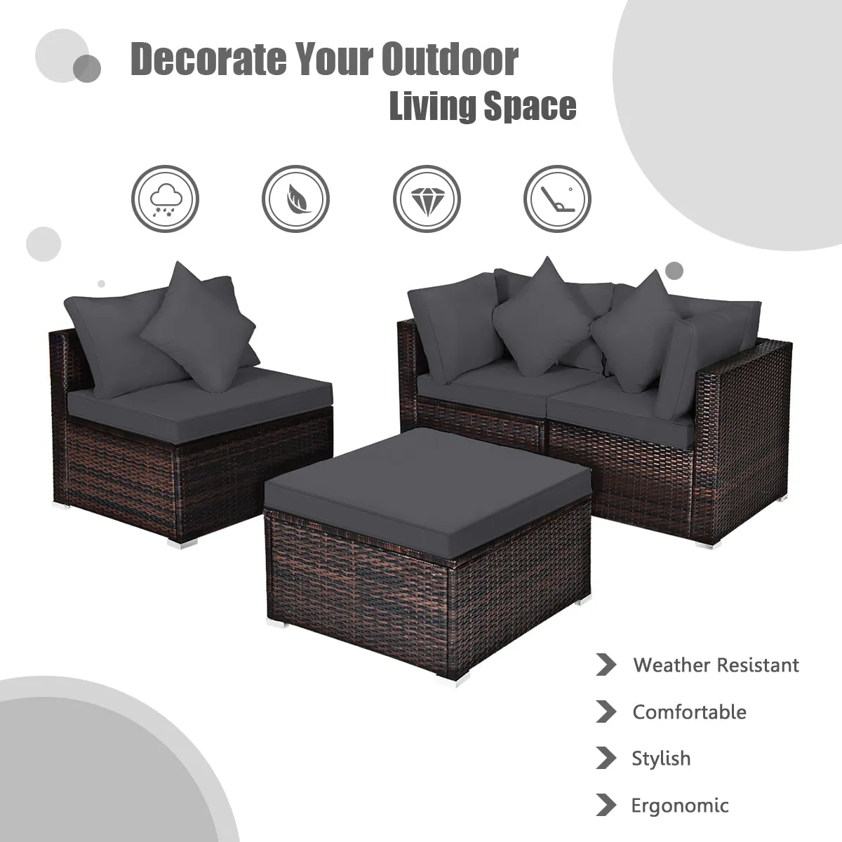 4 Pieces Outdoor Rattan  Conversation Set with Removable Cushions and Pillows-Grey