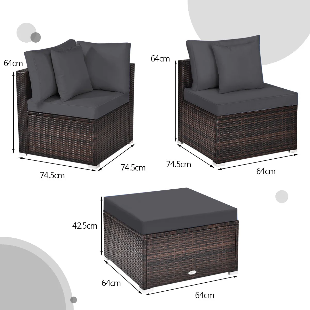 4 Pieces Outdoor Rattan  Conversation Set with Removable Cushions and Pillows-Grey