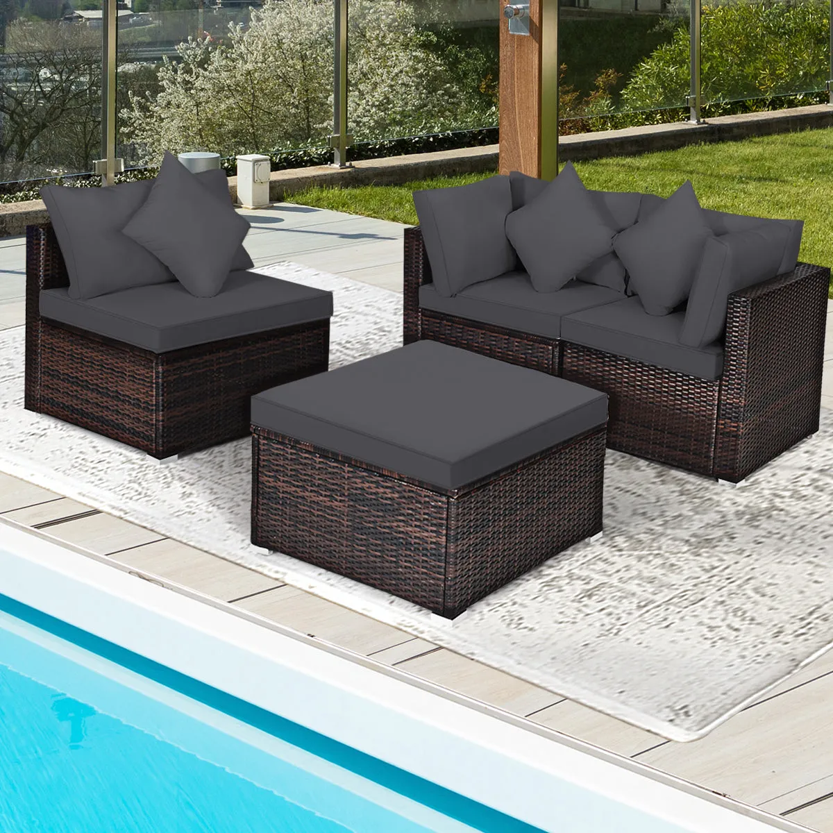 4 Pieces Outdoor Rattan  Conversation Set with Removable Cushions and Pillows-Grey