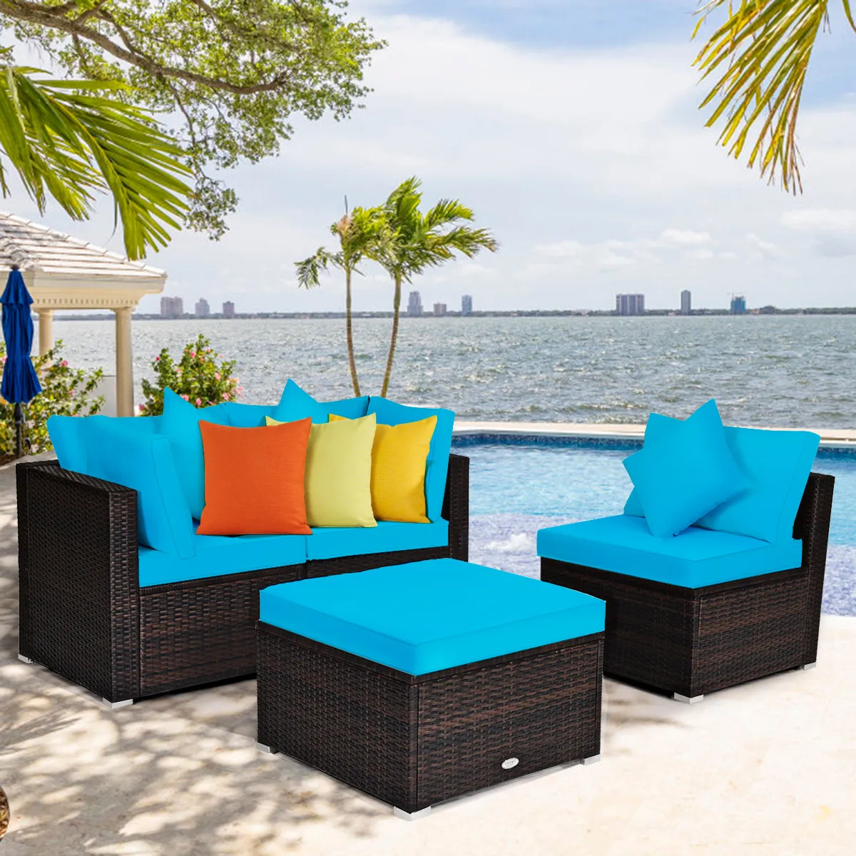 4 Pieces Outdoor Rattan  Conversation Set with Removable Cushions and Pillows-Turquoise