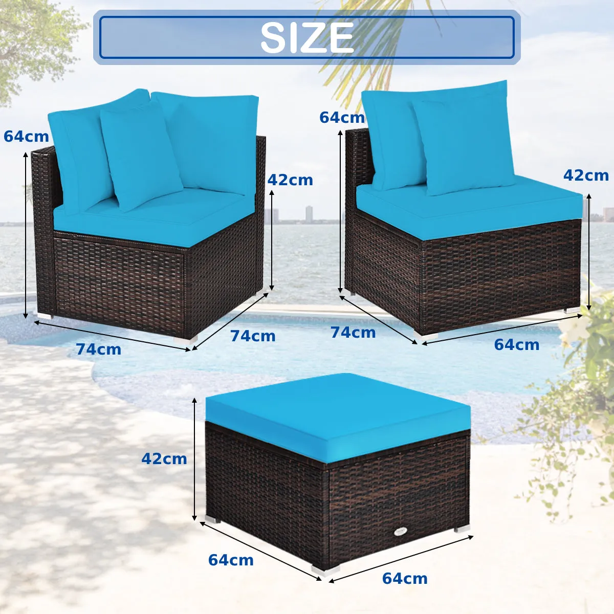 4 Pieces Outdoor Rattan  Conversation Set with Removable Cushions and Pillows-Turquoise