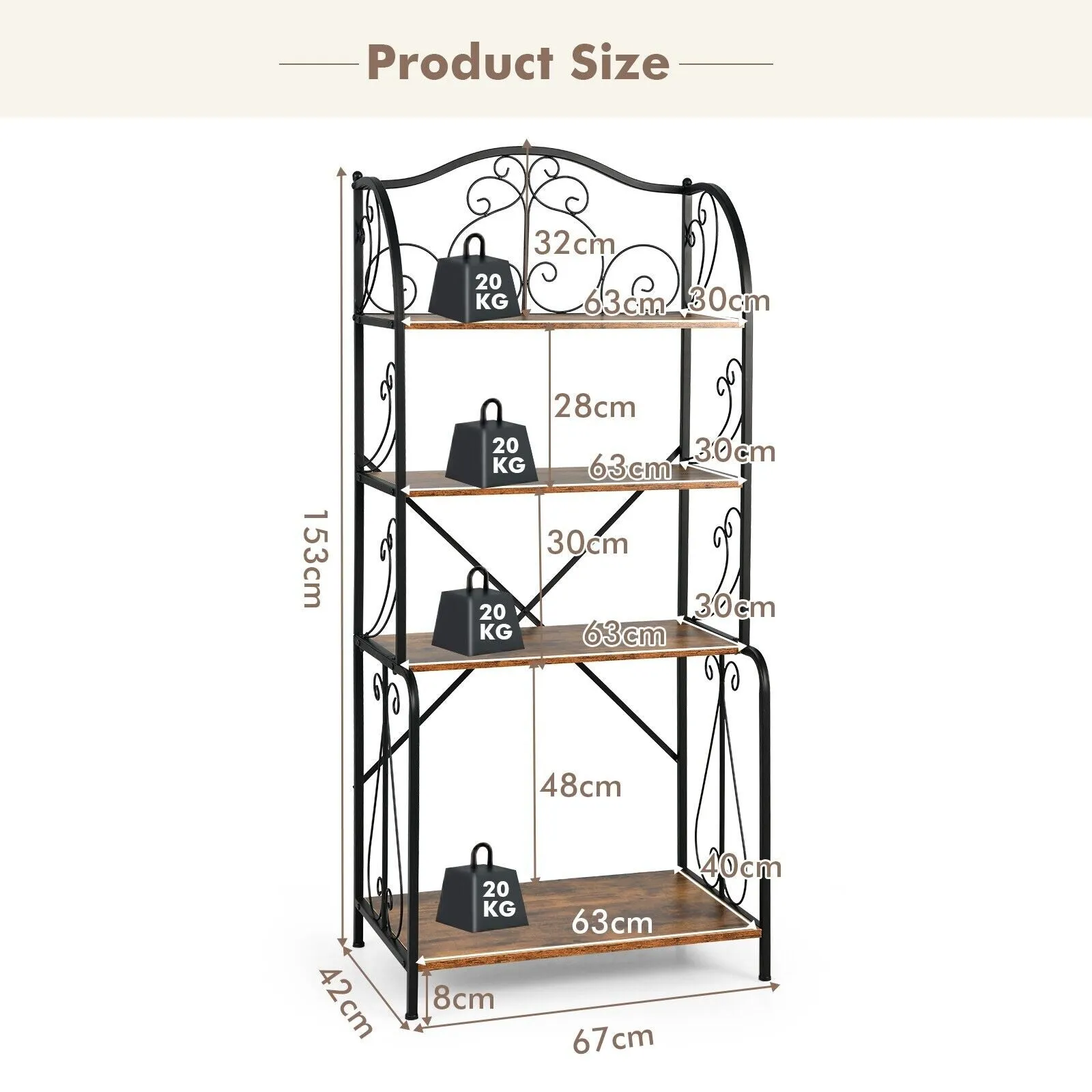 4-Tier Industrial Kitchen Frreestanding Baker Rack-Brown