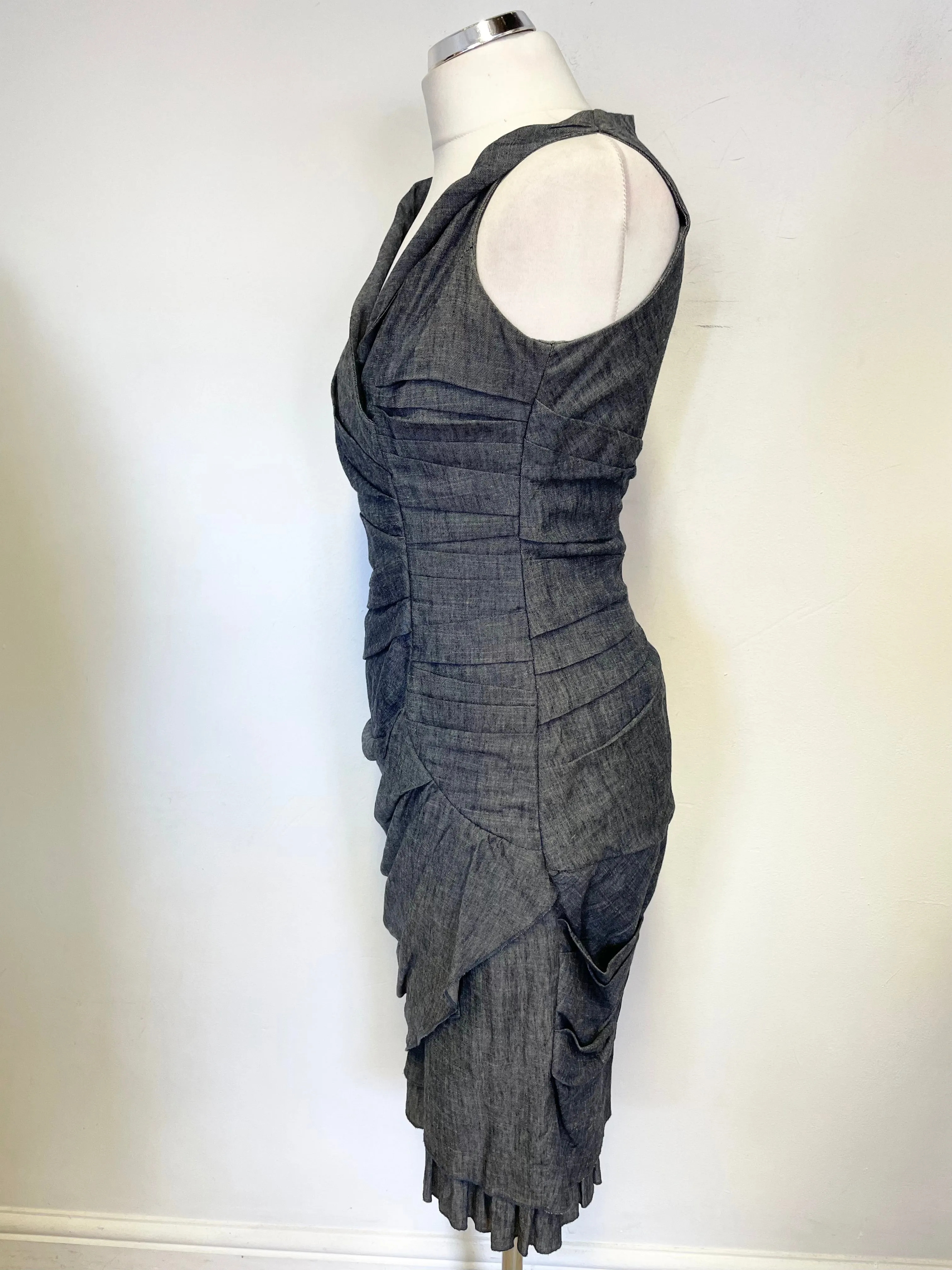 ADOLFO DOMINGUEZ DENIM GREY V NECK PLEAT DETAILED SLEEVELESS PENCIL DRESS SIZE 38 UK 10