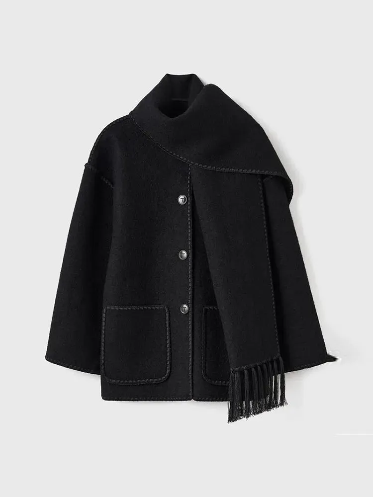 Advbridge Retro Tassel Scarf Collar Black White Patchwork Woollen Overcoat Women Chic Pockets Button Loose Coat 2024 Lady Autumn Outerwear