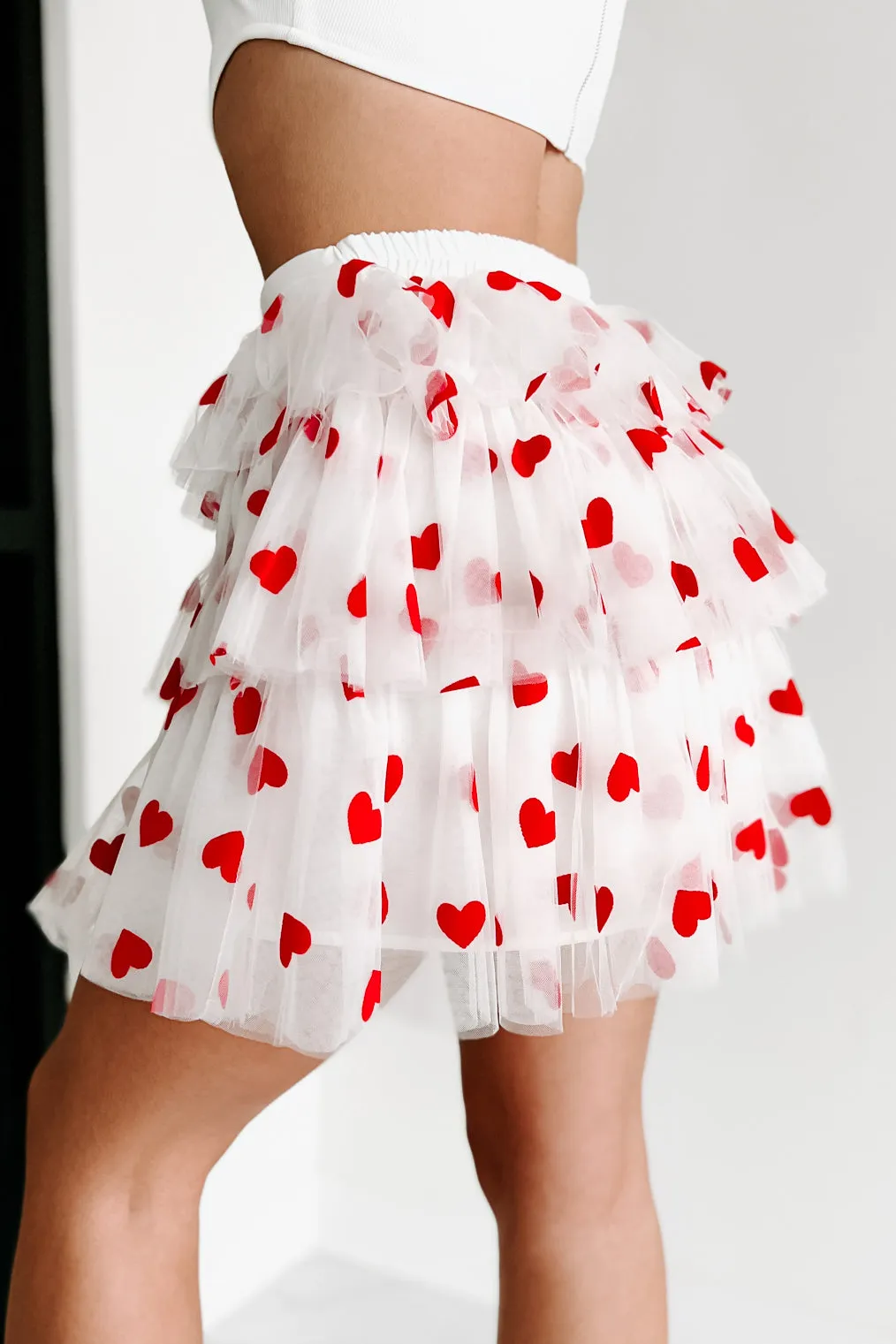 All Heart Tiered Heart Print Mini Skirt (White/Red)