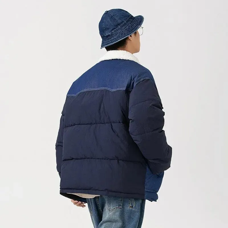 American Retro Patchwork Denim Thickened Cotton Padded Coat Men. American retro coat