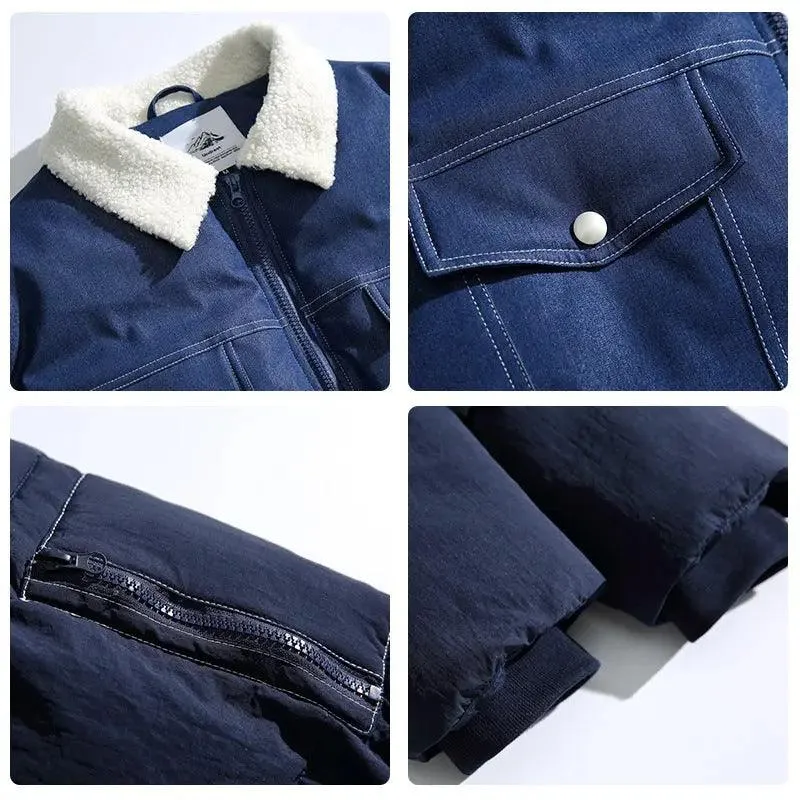 American Retro Patchwork Denim Thickened Cotton Padded Coat Men. American retro coat