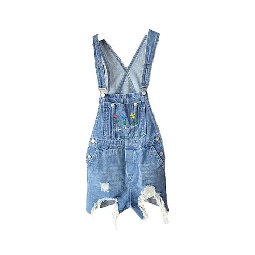 Andrea Martin Embroidered Flower Denim Overall Shorts Blue