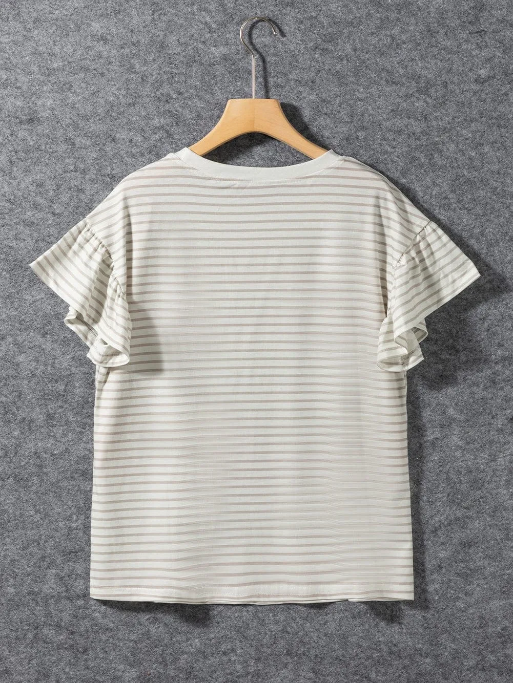 Apricot Lace Trimmed Striped Ruffle Sleeve Tee