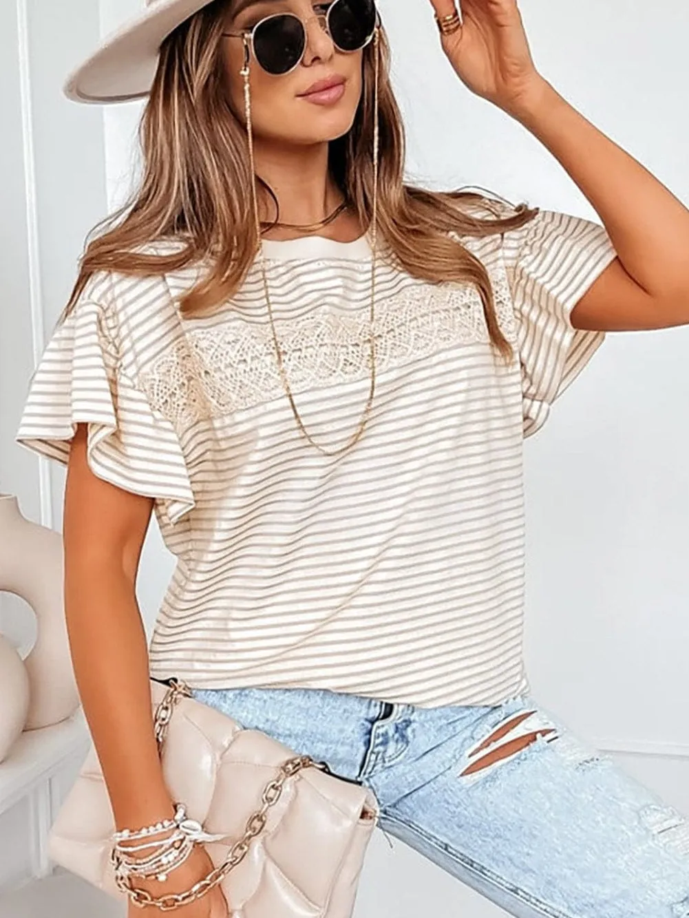 Apricot Lace Trimmed Striped Ruffle Sleeve Tee