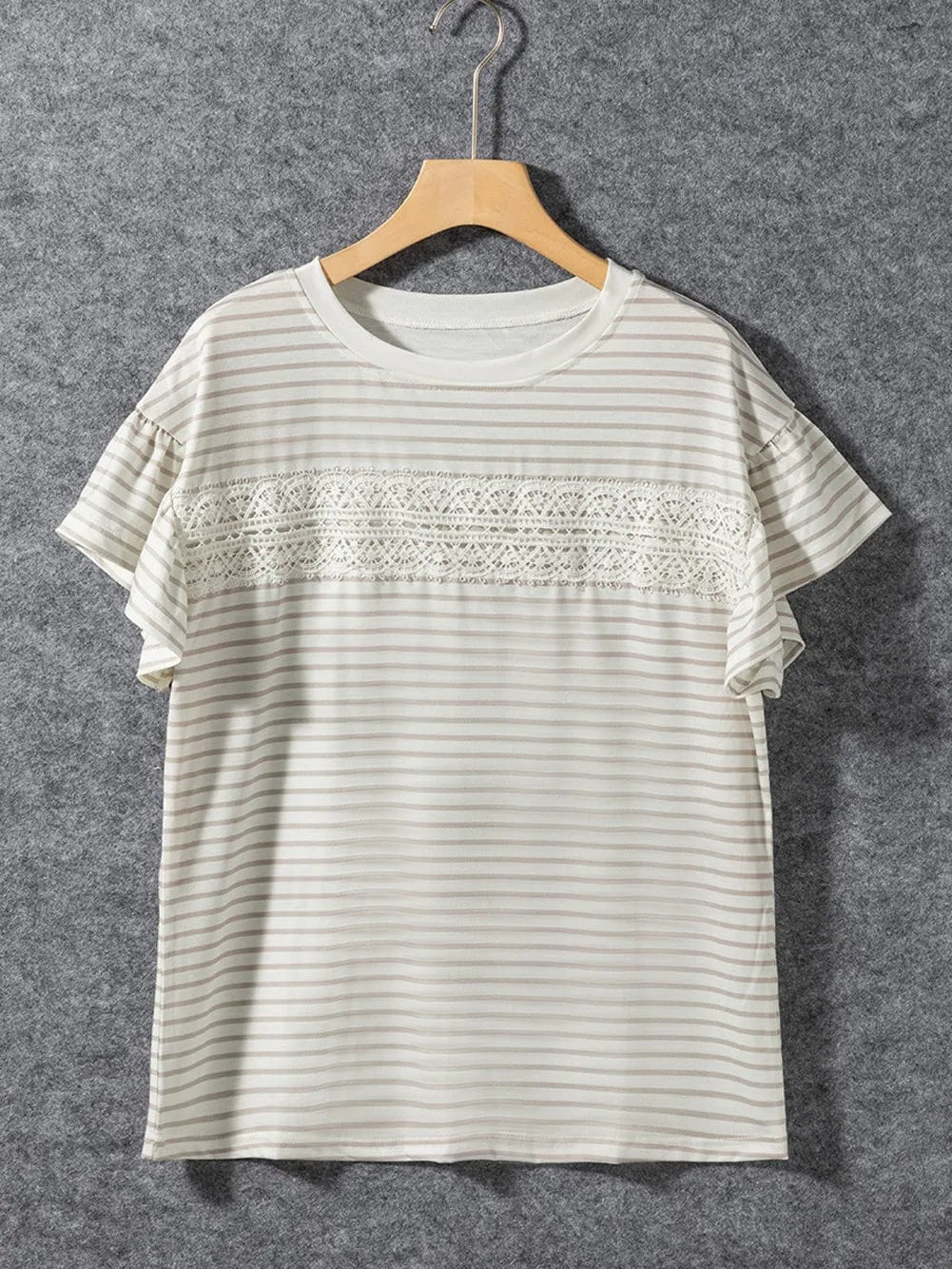 Apricot Lace Trimmed Striped Ruffle Sleeve Tee