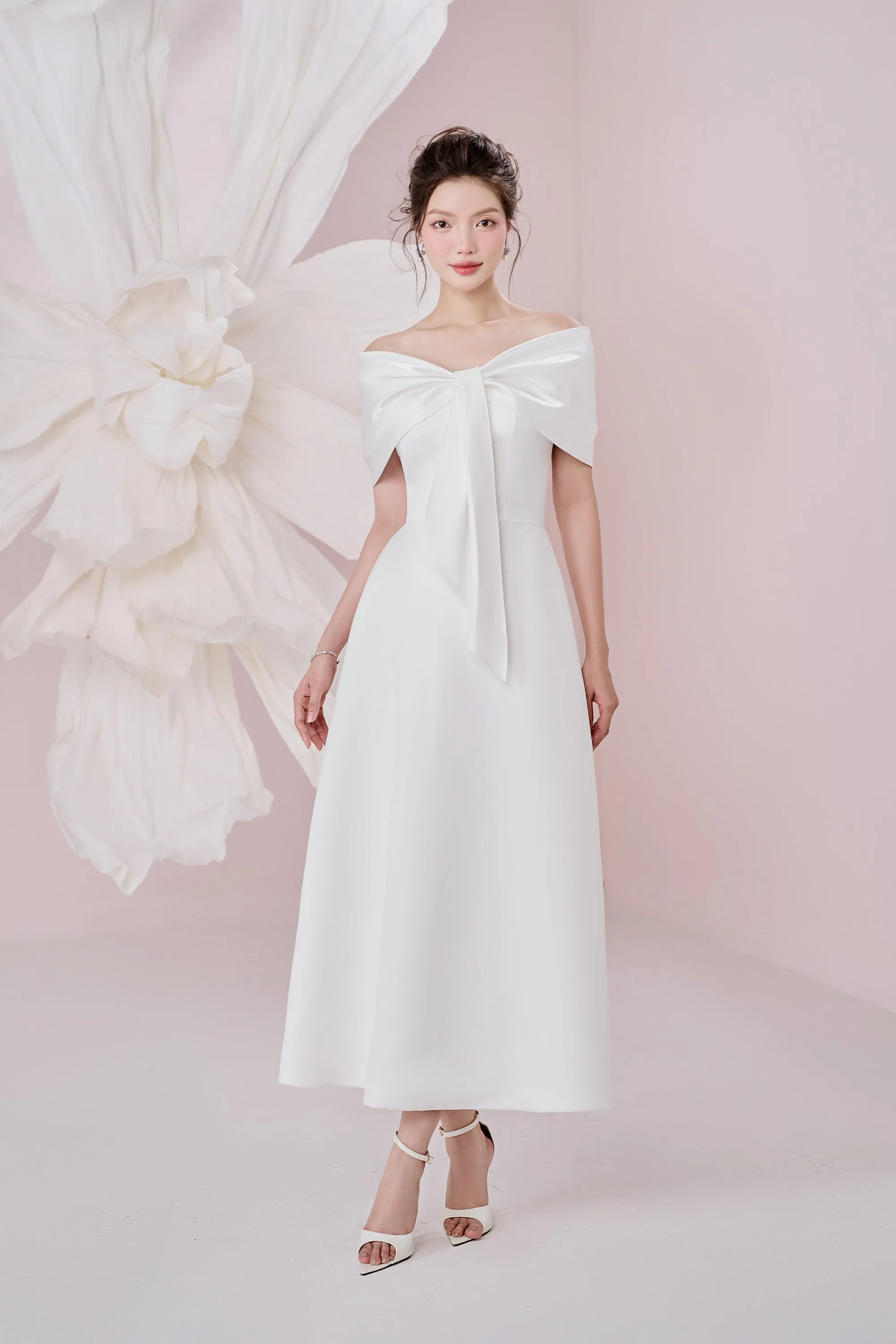 Ariana A-line Off-Shoulder Taffeta Cotton Ankle Length Dress