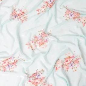 Baby blue synthetic chiffon fabric with multicolor print having silver metallic lurex in floral design-D9748