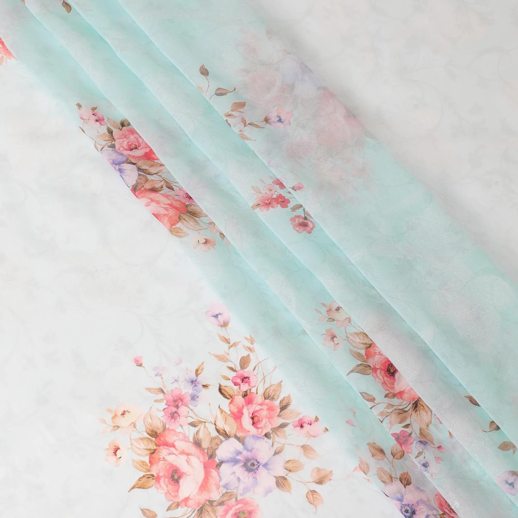 Baby blue synthetic chiffon fabric with multicolor print having silver metallic lurex in floral design-D9748