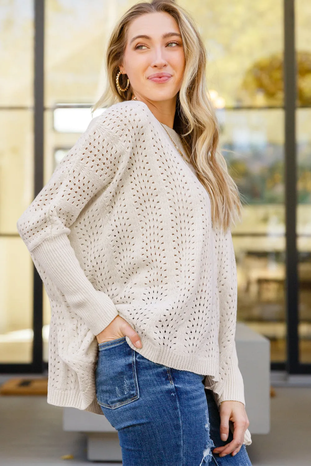 Beige Eyelet Batwing Sleeve Knit Sweater