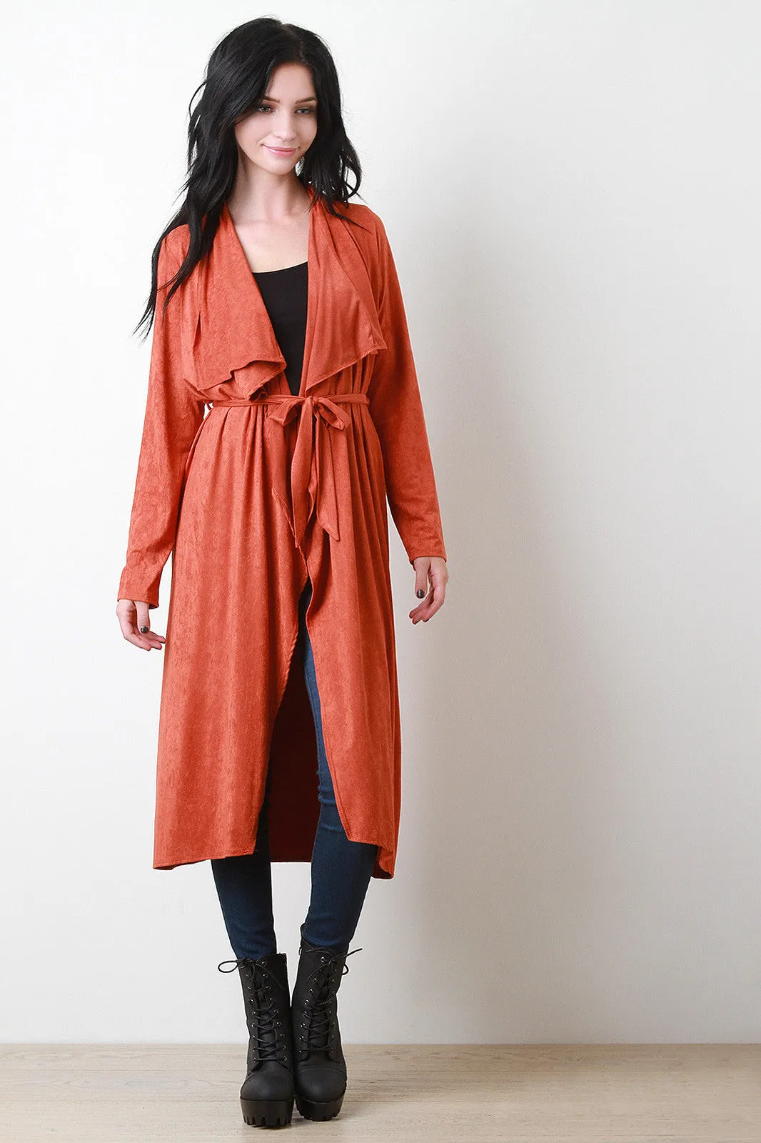 Belted Suede Draped Longline Jacket