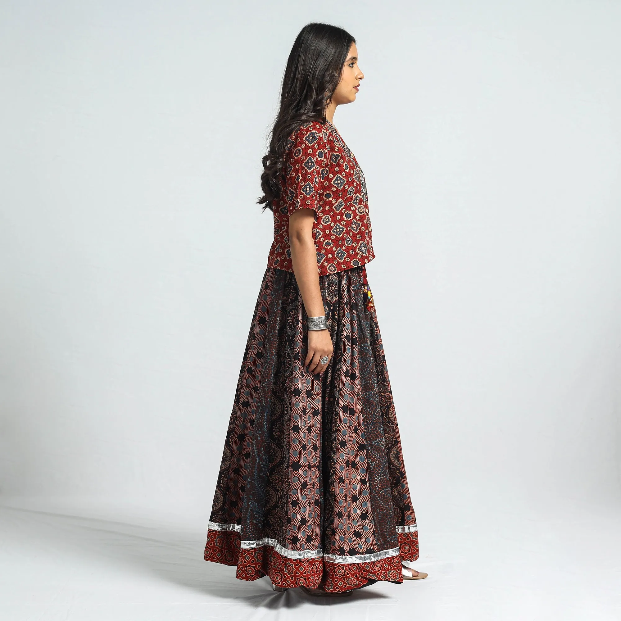 Black - Ajrakh Block Printed 24 Kali Patchwork Cotton Long Skirt