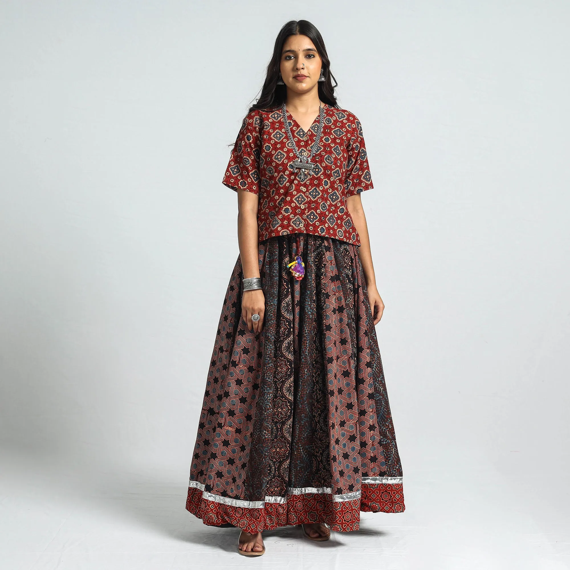 Black - Ajrakh Block Printed 24 Kali Patchwork Cotton Long Skirt