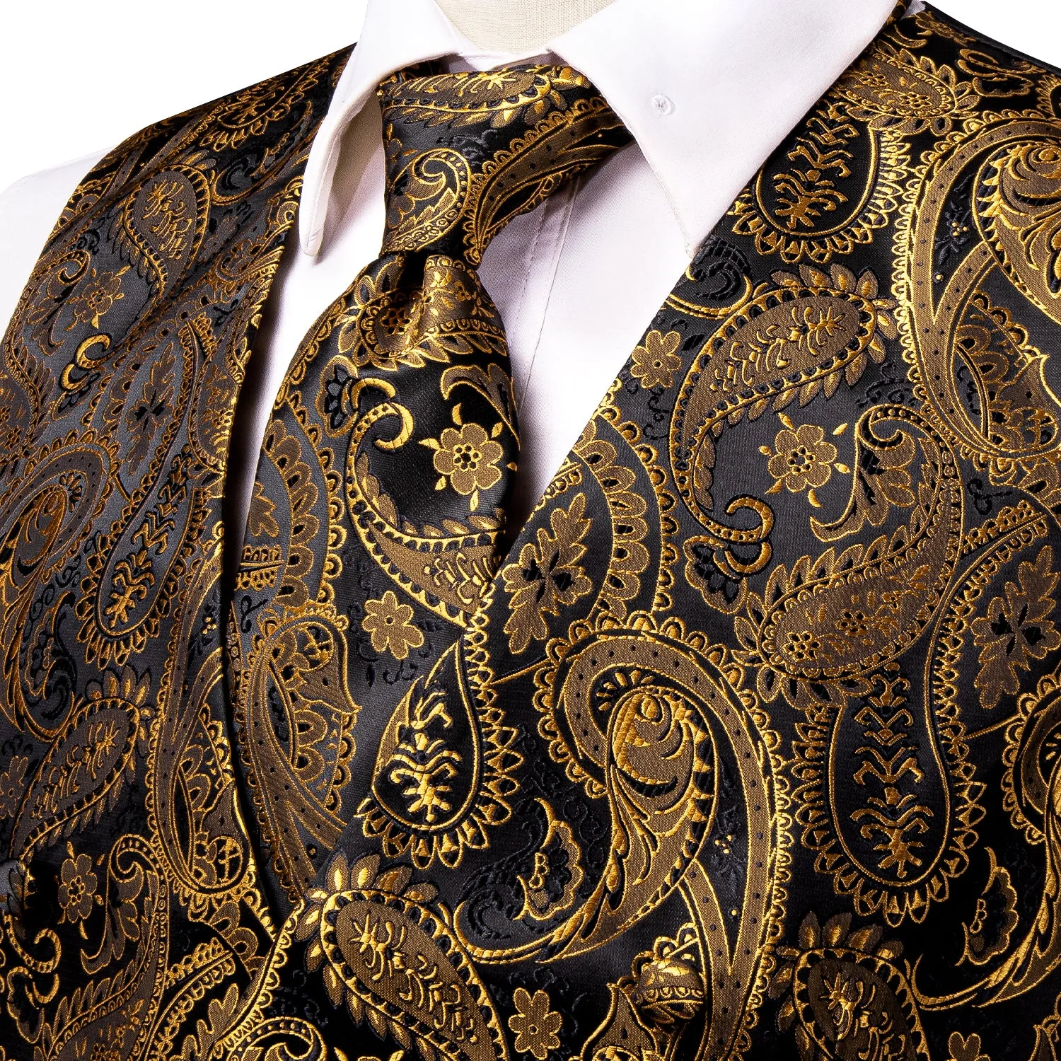 Black Golden Paisley Jacquard Silk Men's Vest Hanky Cufflinks Tie Set