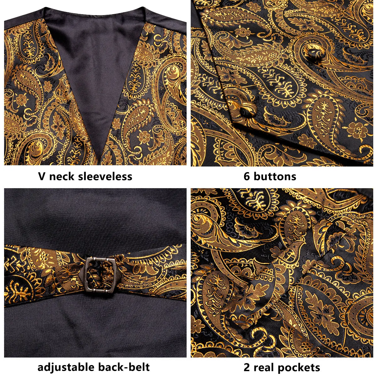 Black Golden Paisley Jacquard Silk Men's Vest Hanky Cufflinks Tie Set