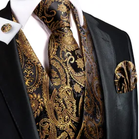 Black Golden Paisley Jacquard Silk Men's Vest Hanky Cufflinks Tie Set