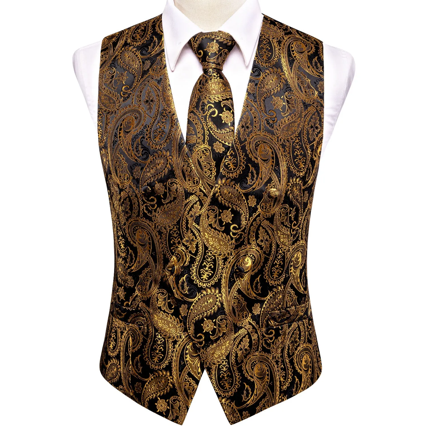 Black Golden Paisley Jacquard Silk Men's Vest Hanky Cufflinks Tie Set