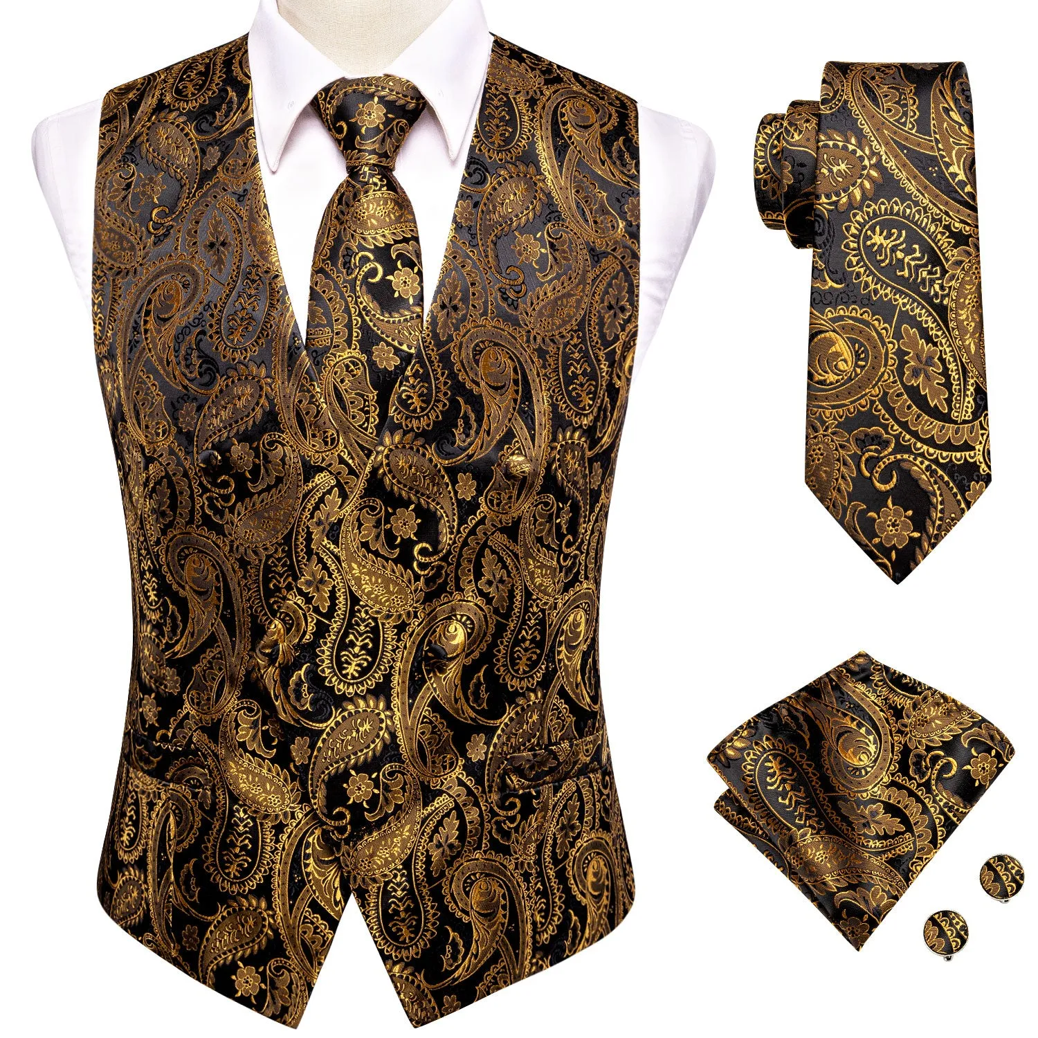 Black Golden Paisley Jacquard Silk Men's Vest Hanky Cufflinks Tie Set