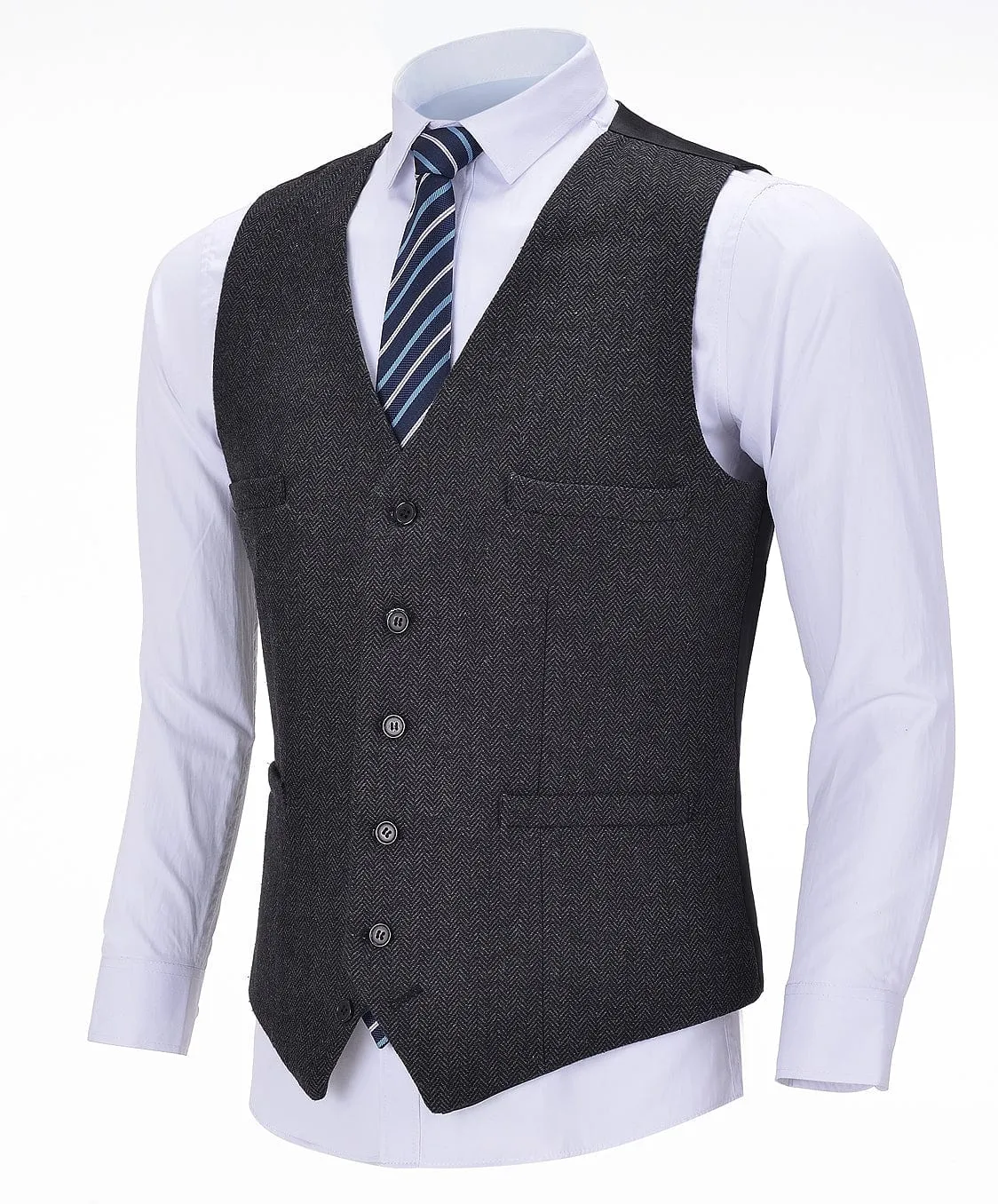 Black Herringbone V Neck Waistcoat