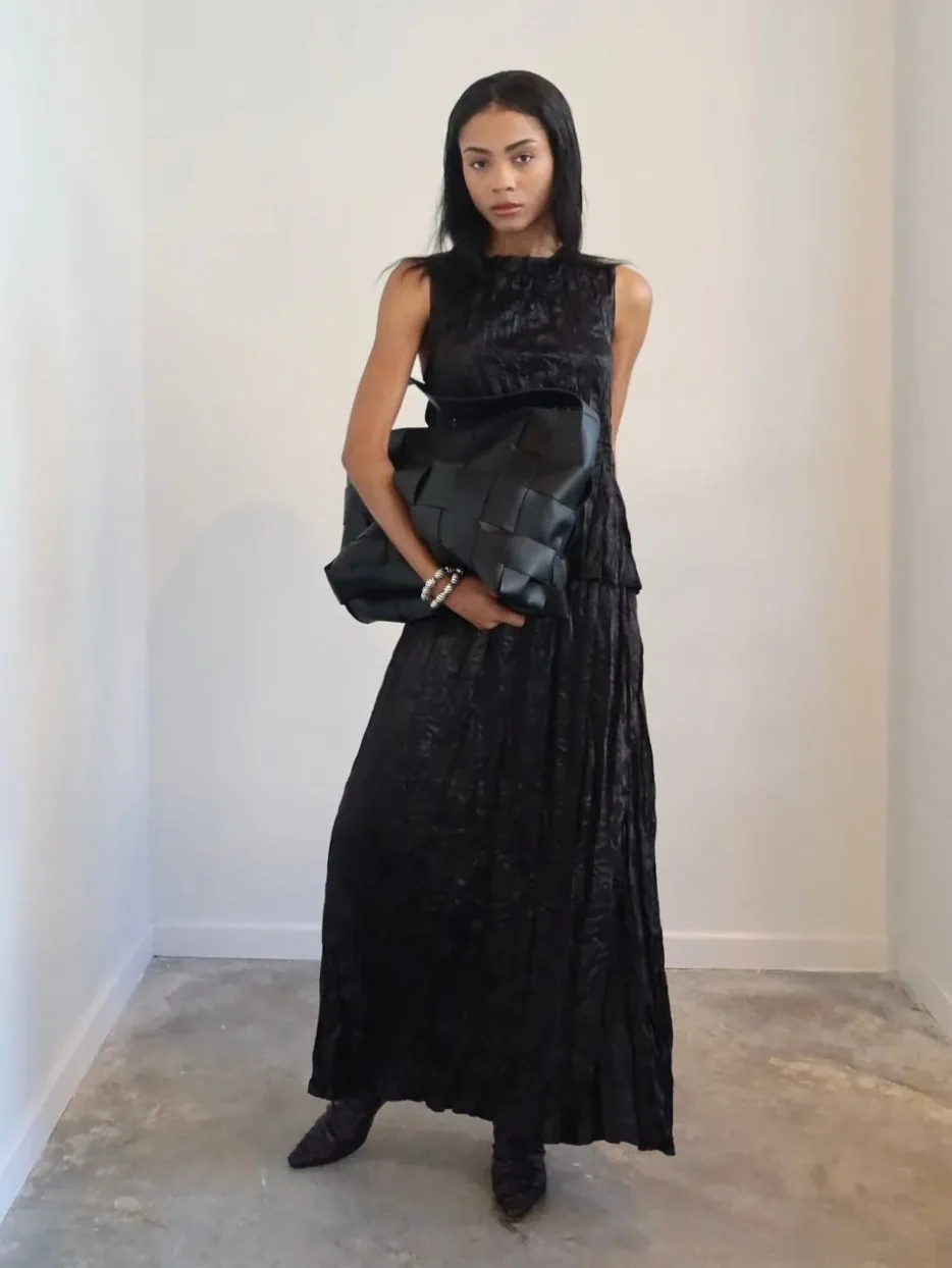 Black Midi Pleated Crinkle Skirt