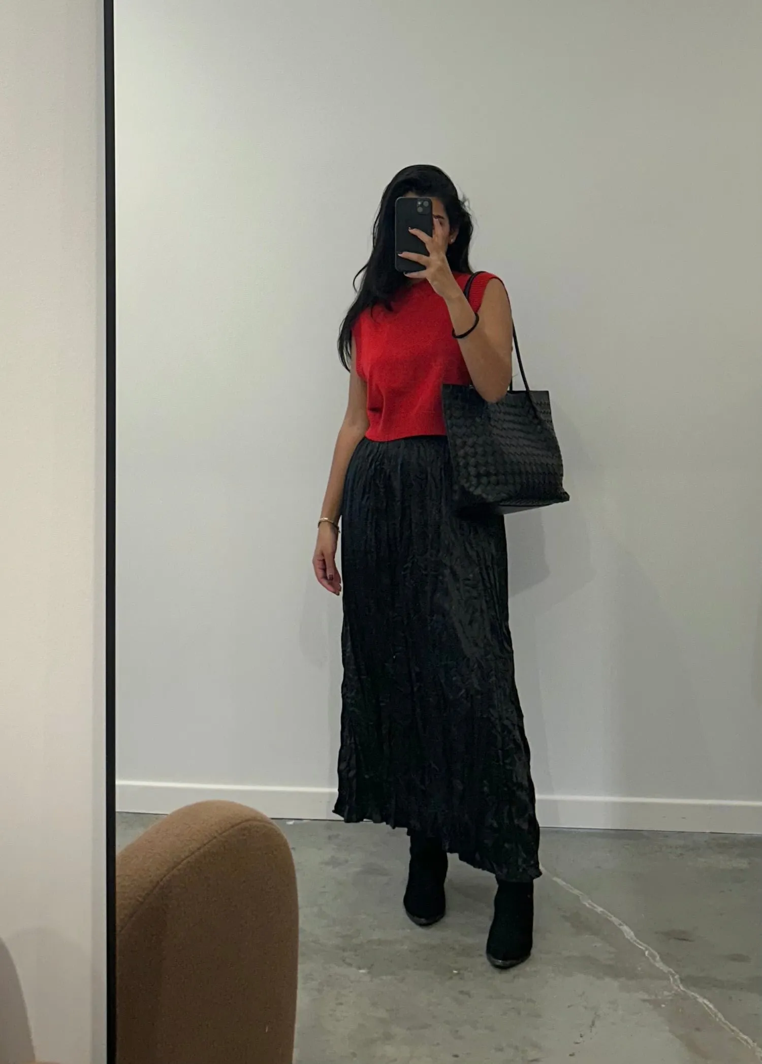 Black Midi Pleated Crinkle Skirt