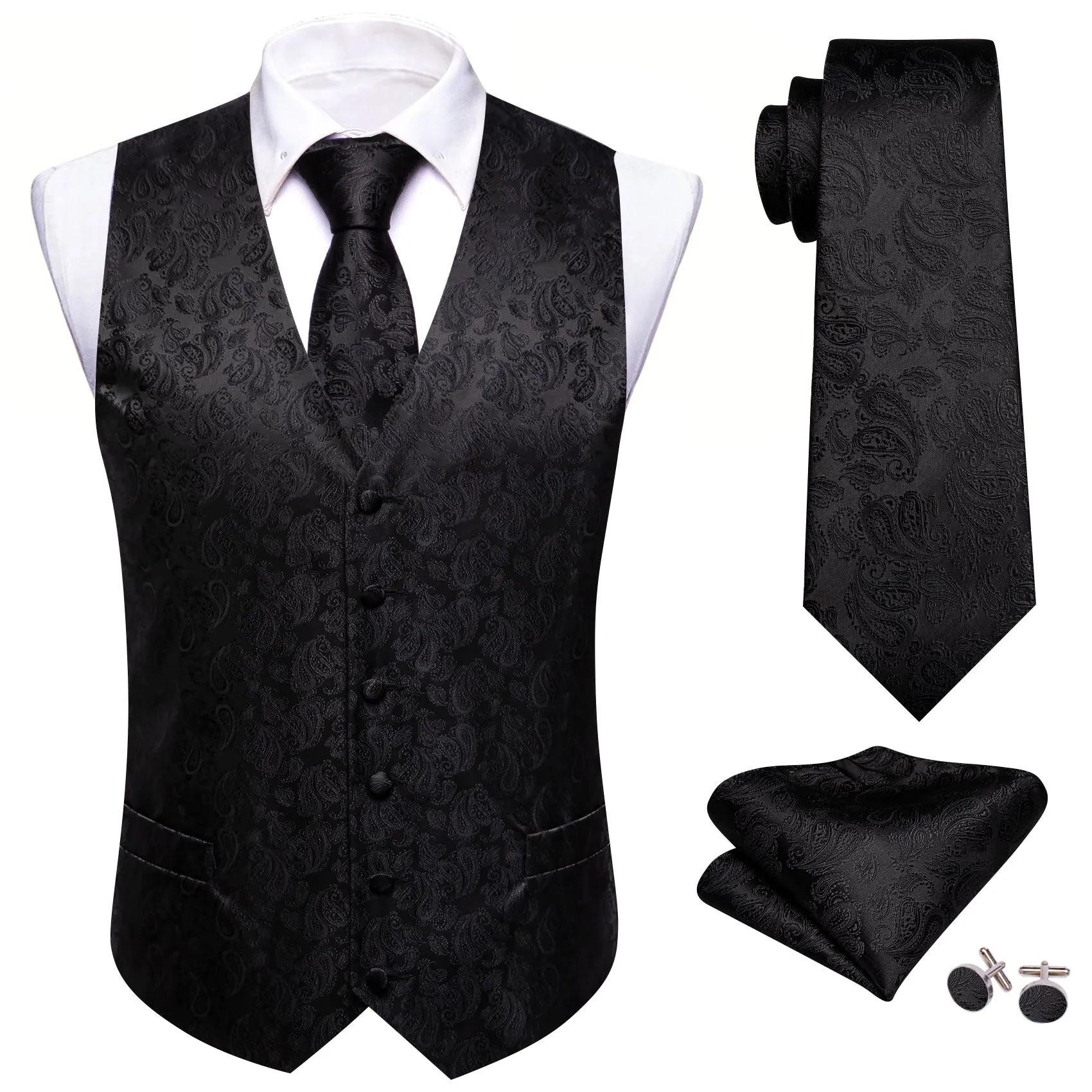 Black Paisley Silk Men's Vest Hanky Cufflinks Tie Set