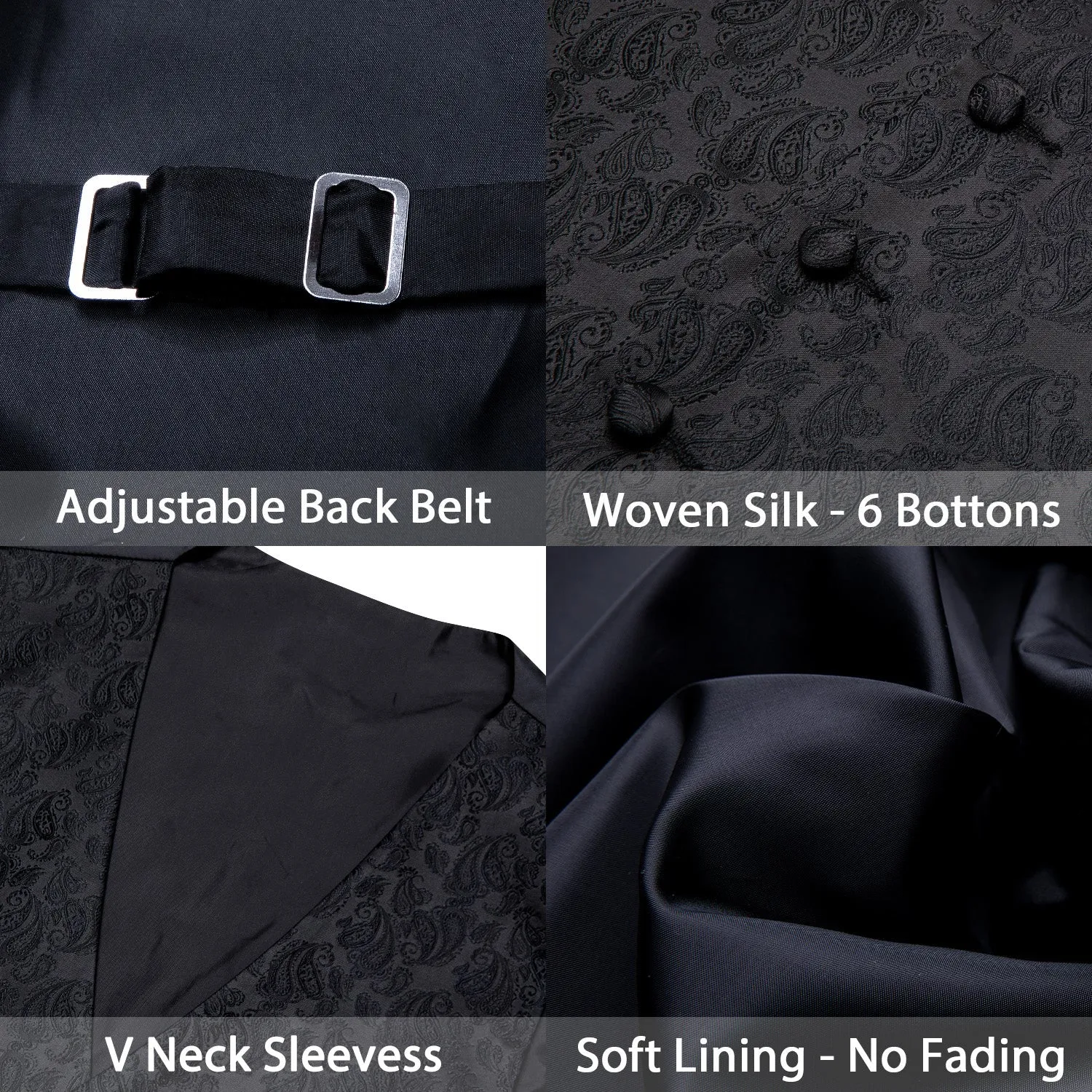 Black Paisley Silk Men's Vest Hanky Cufflinks Tie Set